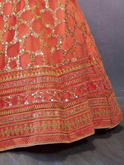 Mesmerizing Orange Sequined Butterfly Net Engagement Lehenga Choli