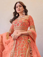 Mesmerizing Orange Sequined Butterfly Net Engagement Lehenga Choli