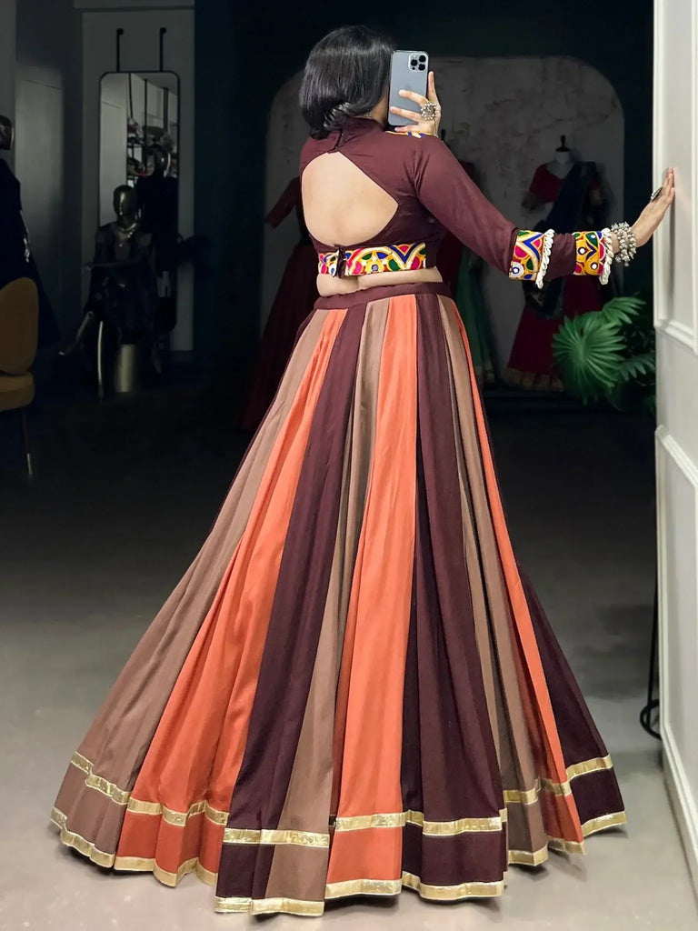 Outstanding Brown Pure Rayon Lace Work Navratri Wear Lehenga Choli - Ethnic Plus In