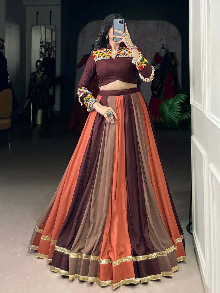 Outstanding Brown Pure Rayon Lace Work Navratri Wear Lehenga Choli - Ethnic Plus In