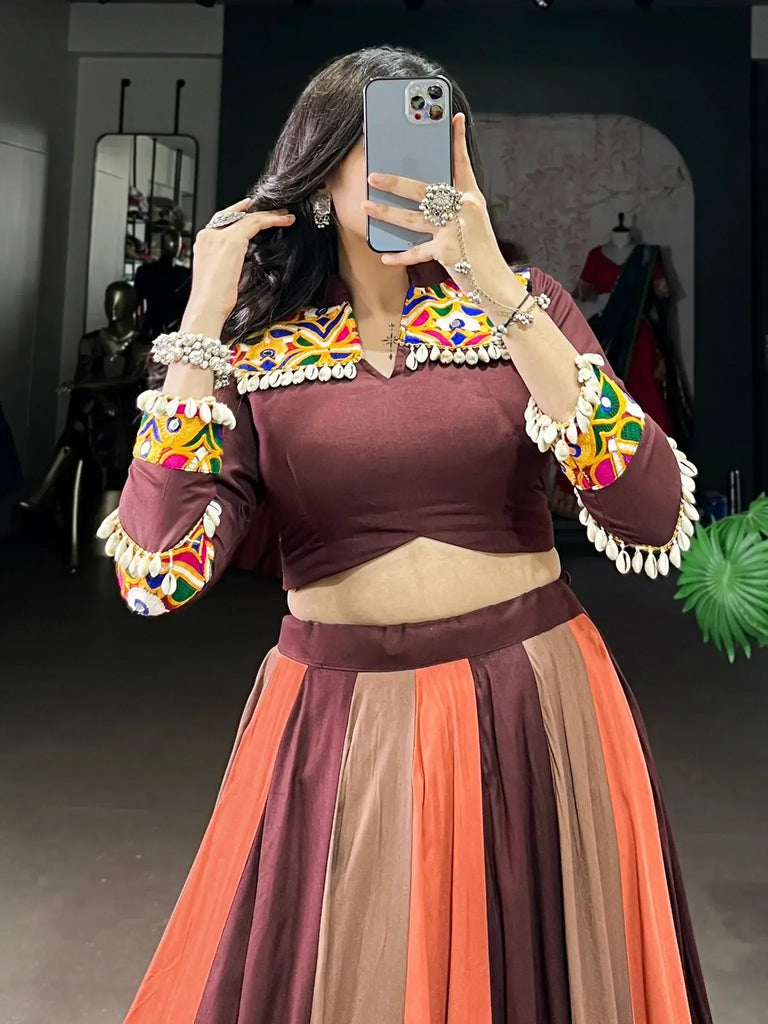 Outstanding Brown Pure Rayon Lace Work Navratri Wear Lehenga Choli - Ethnic Plus In