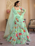 Outstanding Green Floral Printed Organza Lehenga Choli With Dupatta - Ethnic Plus In