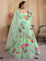 Outstanding Green Floral Printed Organza Lehenga Choli With Dupatta - Ethnic Plus In