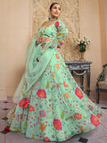 Outstanding Green Floral Printed Organza Lehenga Choli With Dupatta - Ethnic Plus In