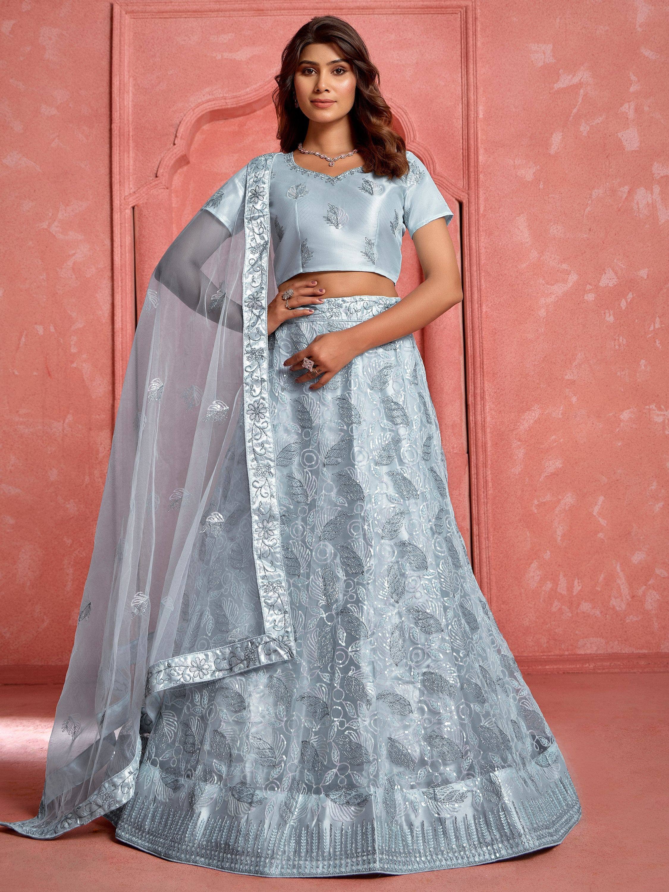 Light blue embroidered lehenga choli with sheer dupatta, perfect for Indian ethnic wear occasions