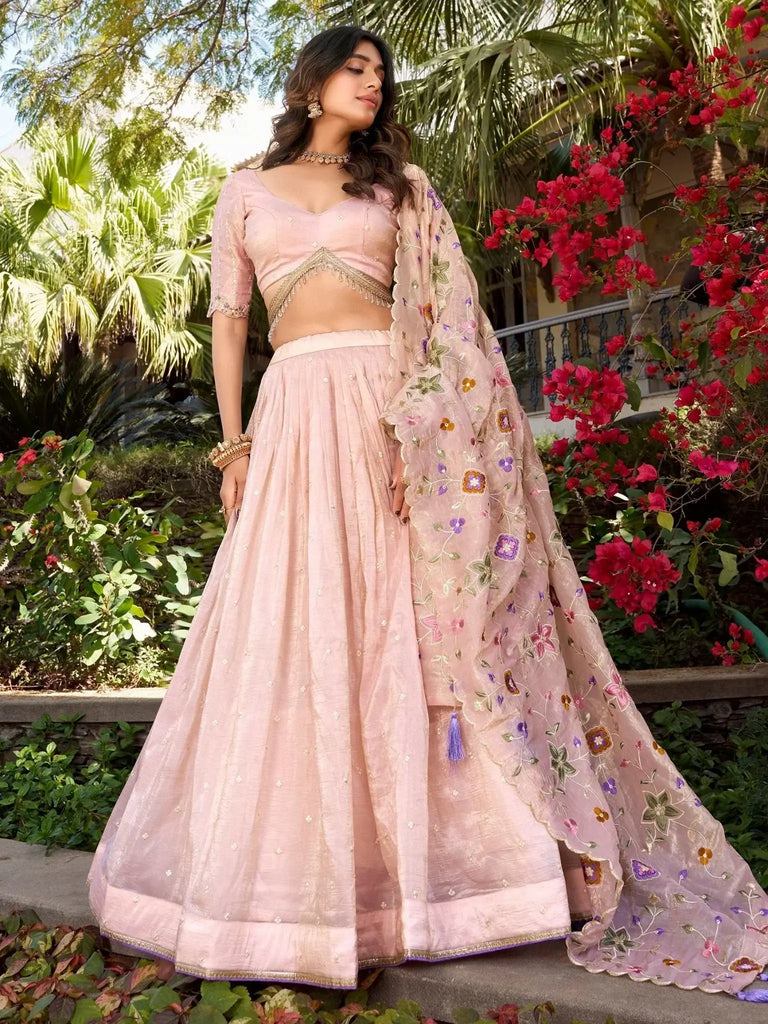 Outstanding Light Pink Floral Embroidery Silk Lehenga Choli With Dupatta - Ethnic Plus In