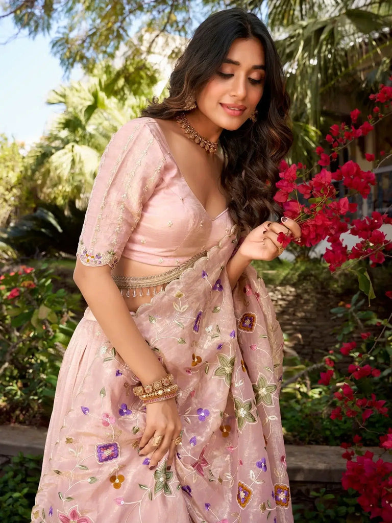 Outstanding Light Pink Floral Embroidery Silk Lehenga Choli With Dupatta - Ethnic Plus In