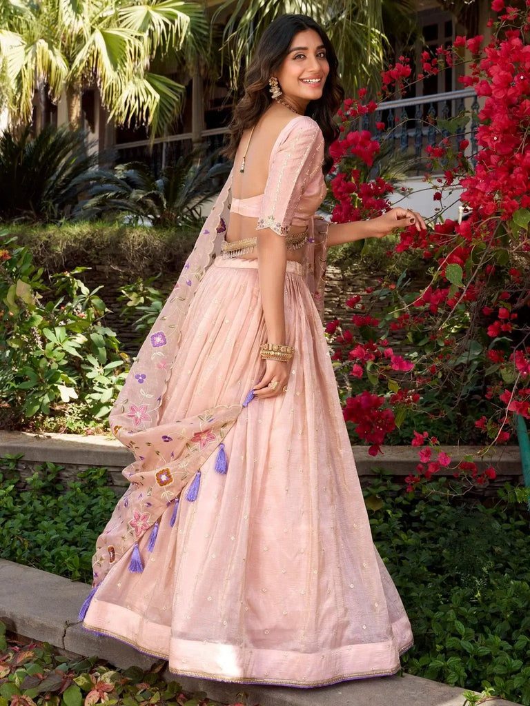 Outstanding Light Pink Floral Embroidery Silk Lehenga Choli With Dupatta - Ethnic Plus In