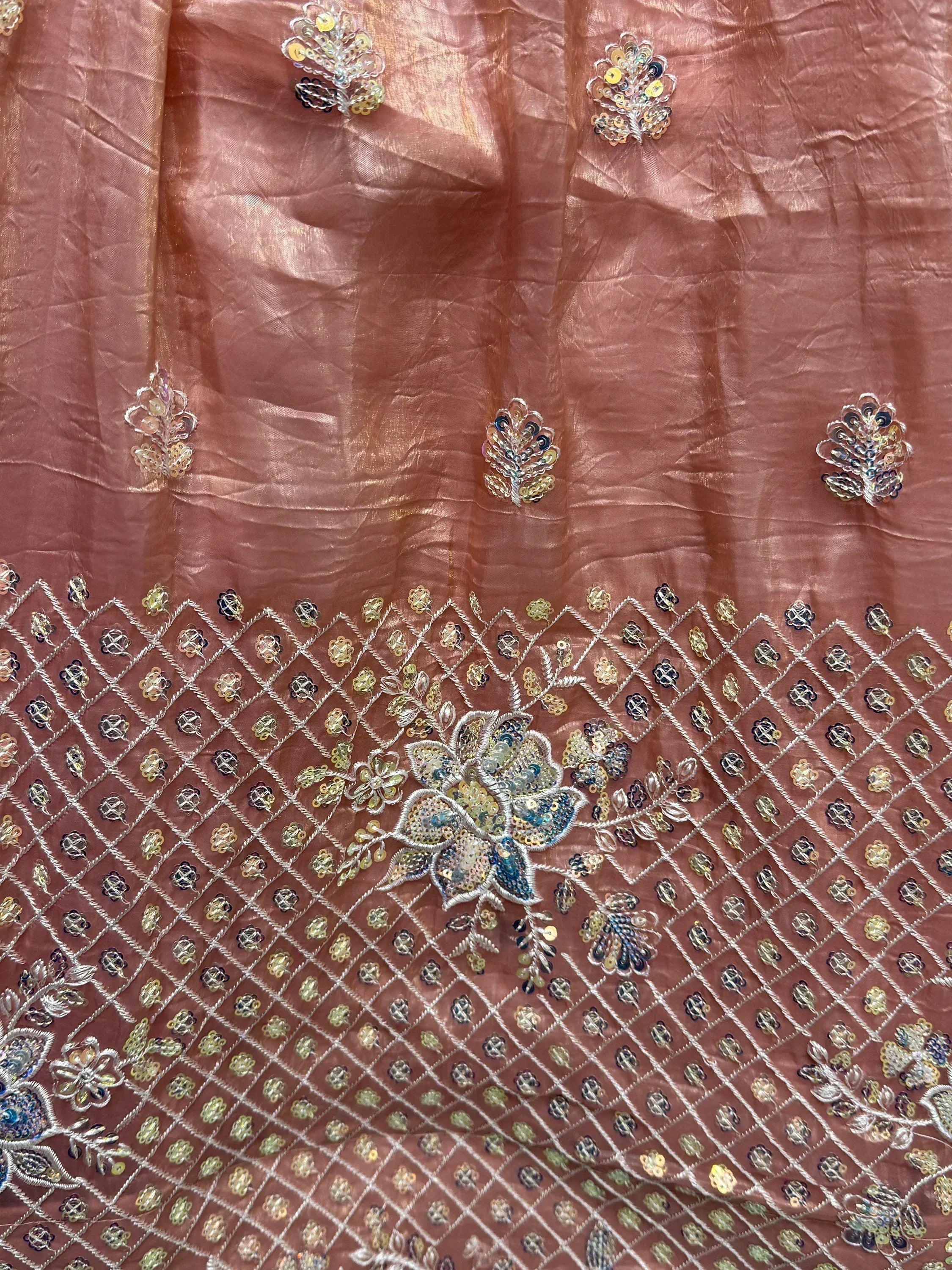 Dusty rose ethnic fabric with floral sequin embroidery and diamond pattern, ideal for designer lehenga or saree