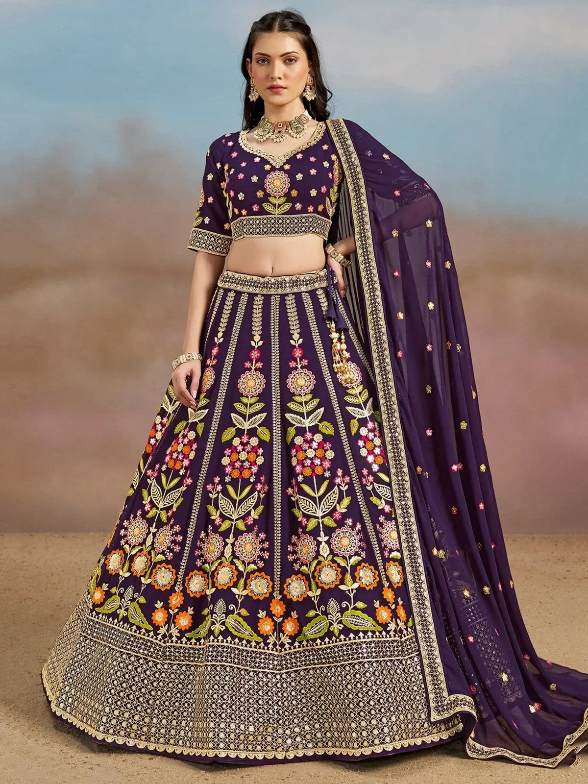 Outstanding Purple Floral Embroidery Georgette Bridesmaid Lehenga Choli - Ethnic Plus In