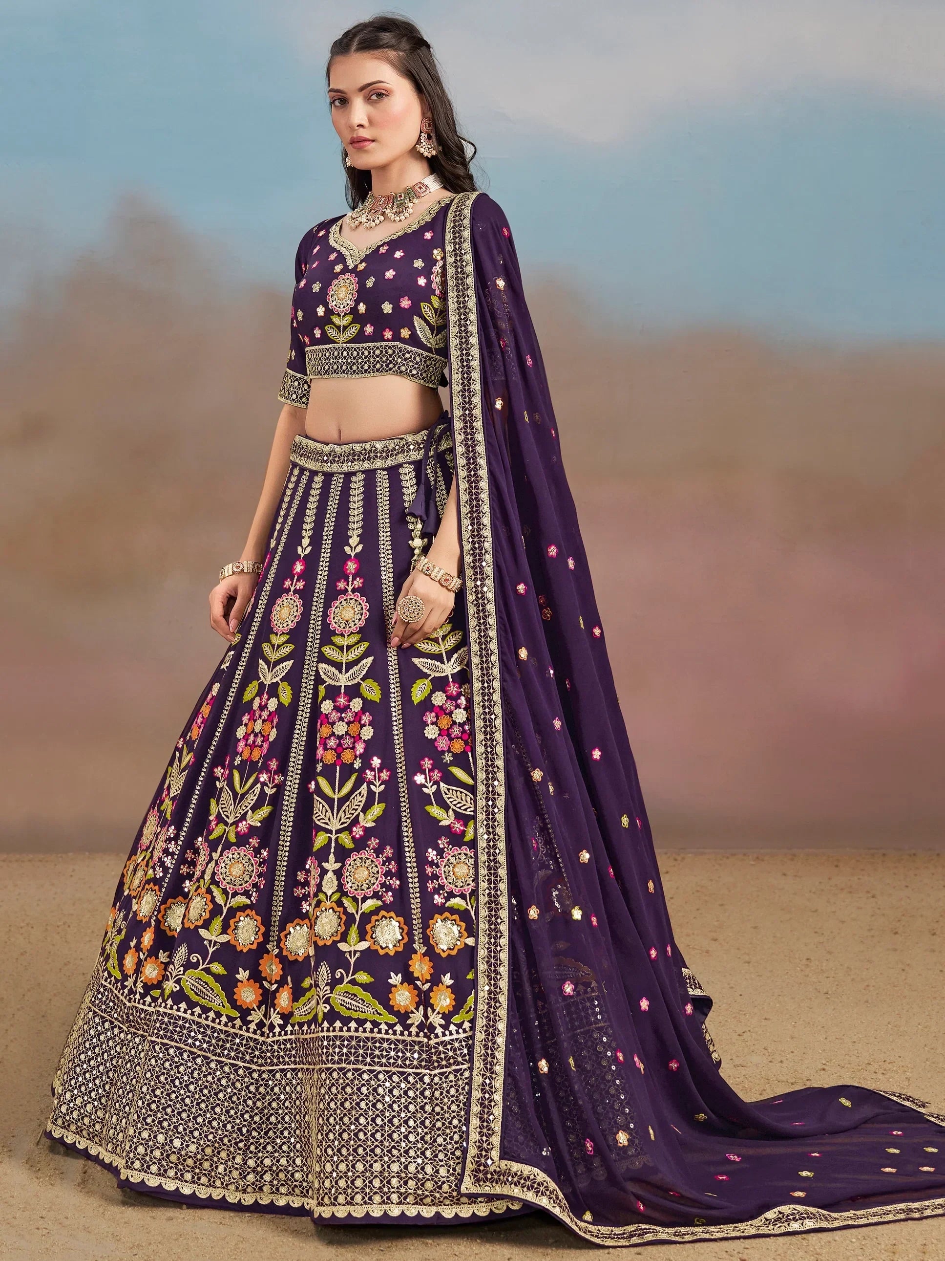 Purple floral embroidered lehenga choli with dupatta, Indian ethnic wear for weddings and parties