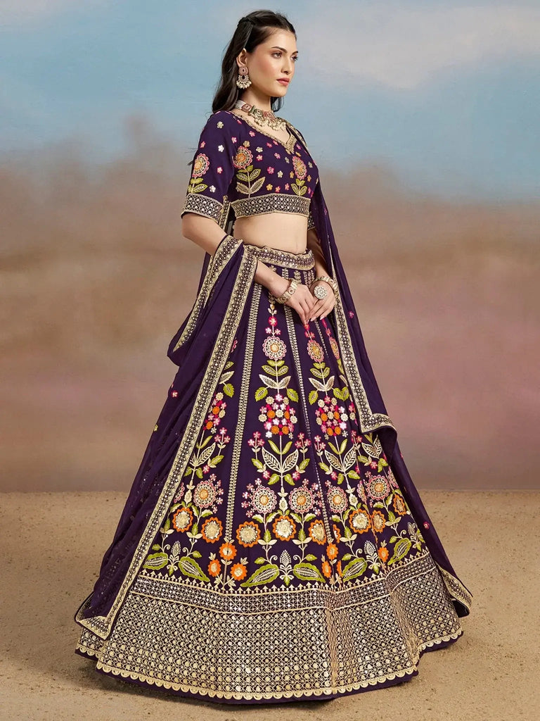 Outstanding Purple Floral Embroidery Georgette Bridesmaid Lehenga Choli - Ethnic Plus In