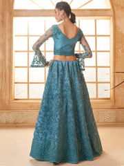 Outstanding Teal Blue Embroidered Net Designer Lehenga Choli - Ethnic Plus In