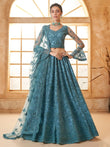 Outstanding Teal Blue Embroidered Net Designer Lehenga Choli - Ethnic Plus In