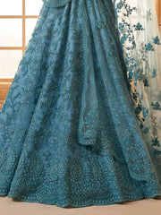 Outstanding Teal Blue Embroidered Net Designer Lehenga Choli - Ethnic Plus In