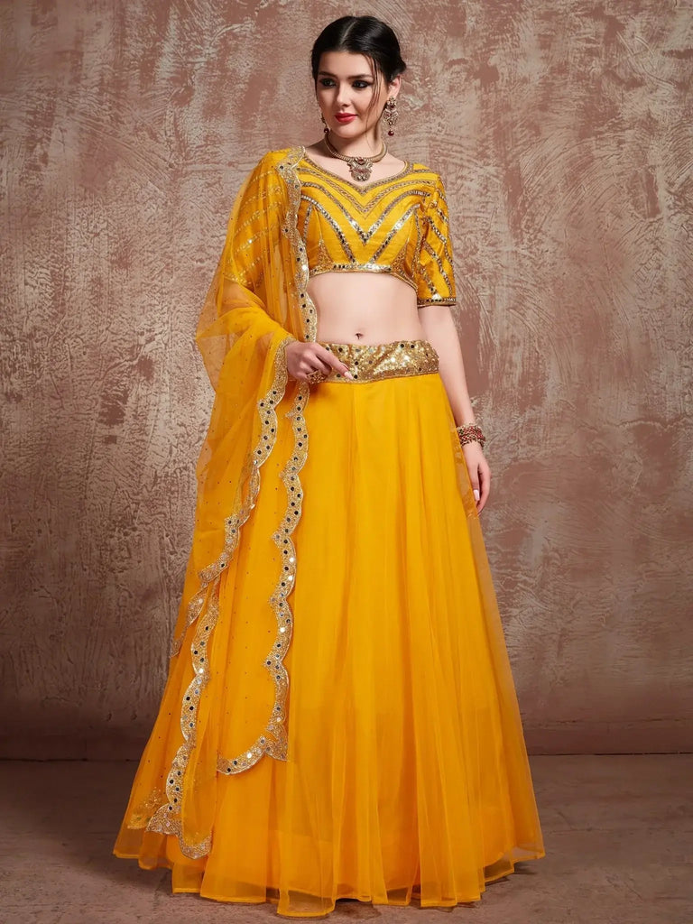 Outstanding Yellow Net Wedding Wear Lehenga Choli With Dupatta - Ethnic Plus In