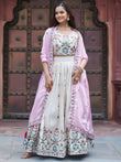 Beautiful Off-White Sequins Silk Lehenga Choli With Pink Dupatta 