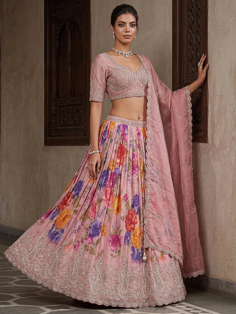 Precious Pink Flower Print Tissue Sangeet Wear Lehenga Choli