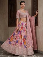 Precious Pink Flower Print Tissue Sangeet Wear Lehenga Choli