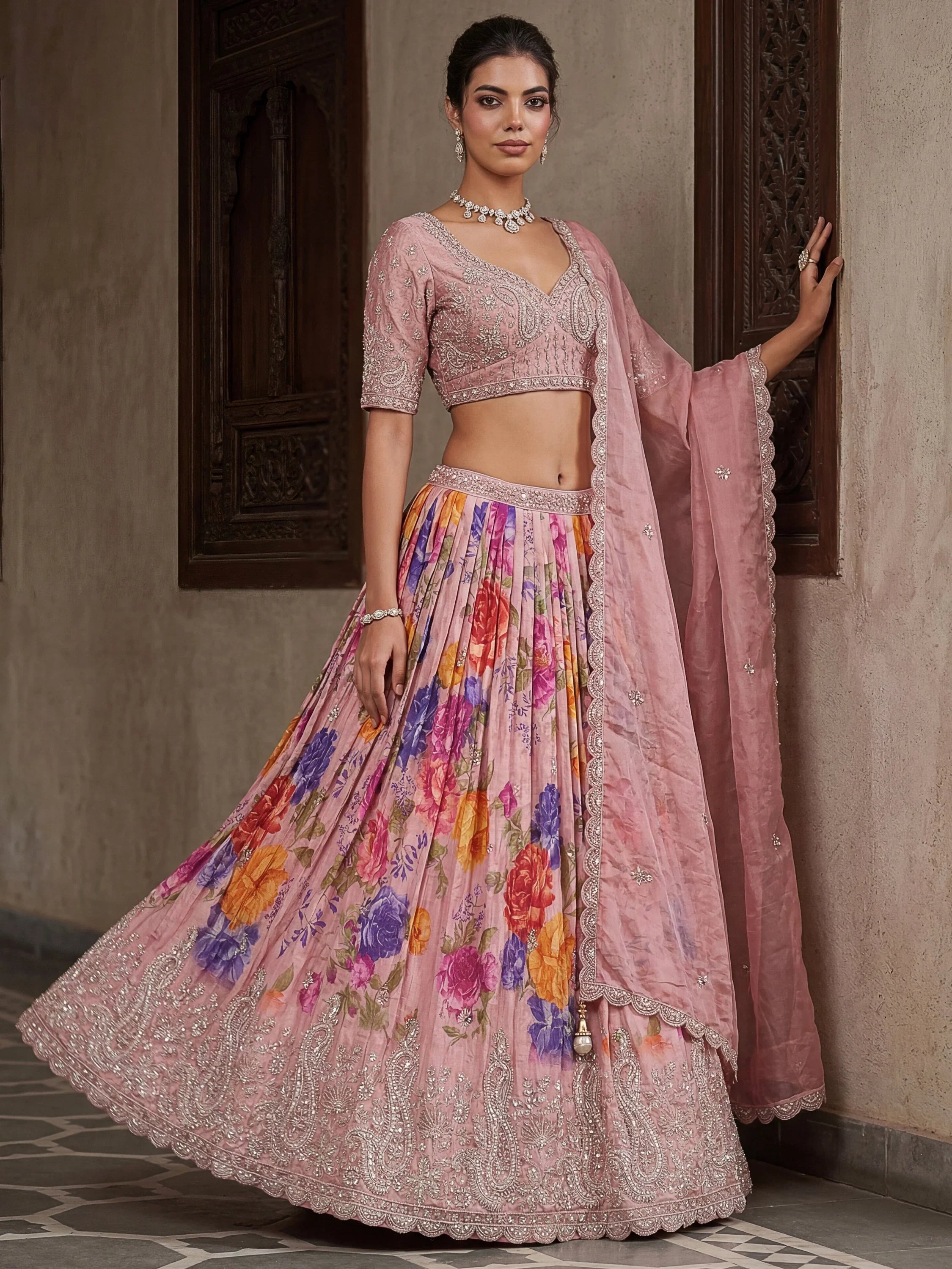 Precious Pink Flower Print Tissue Sangeet Wear Lehenga Choli
