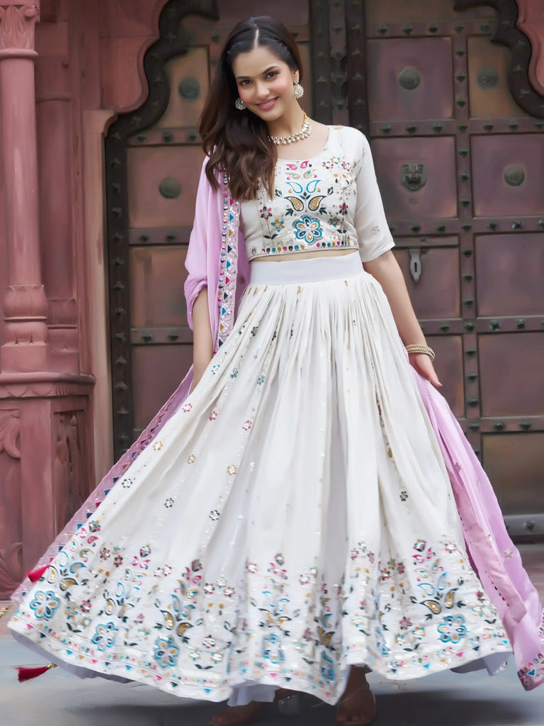 Beautiful Off-White Sequins Silk Lehenga Choli With Pink Dupatta 