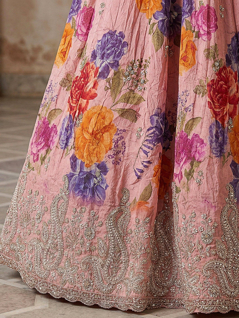 Precious Pink Flower Print Tissue Sangeet Wear Lehenga Choli