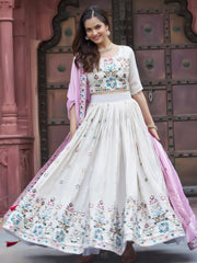 Beautiful Off-White Sequins Silk Lehenga Choli With Pink Dupatta 