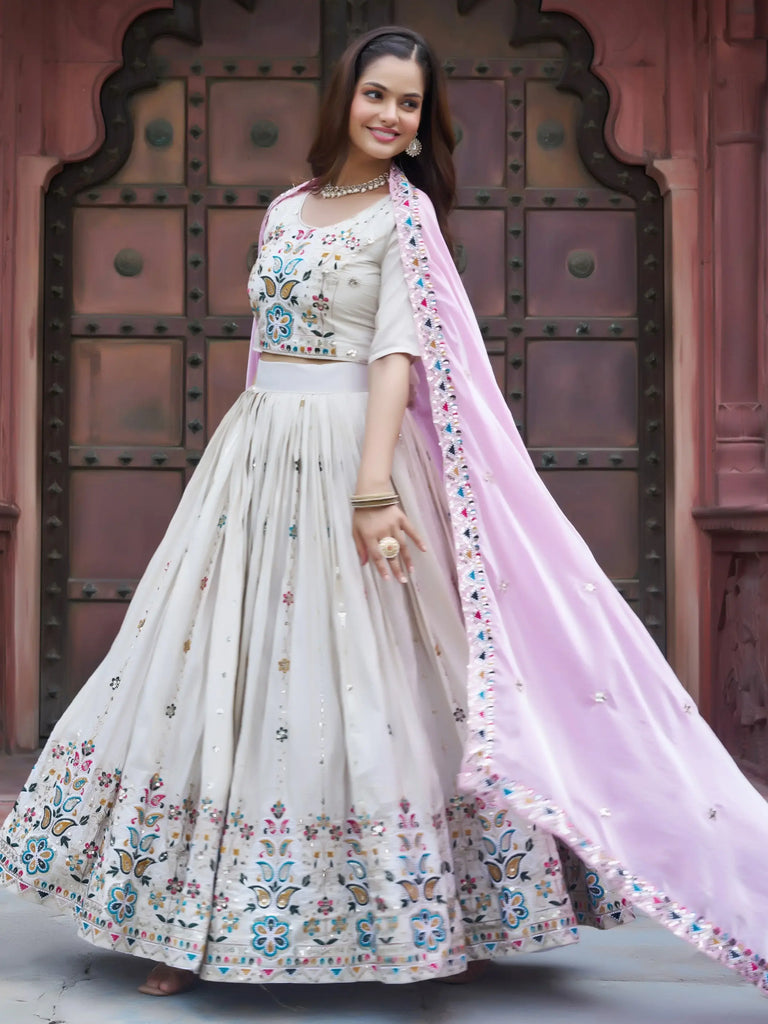 Beautiful Off-White Sequins Silk Lehenga Choli With Pink Dupatta 