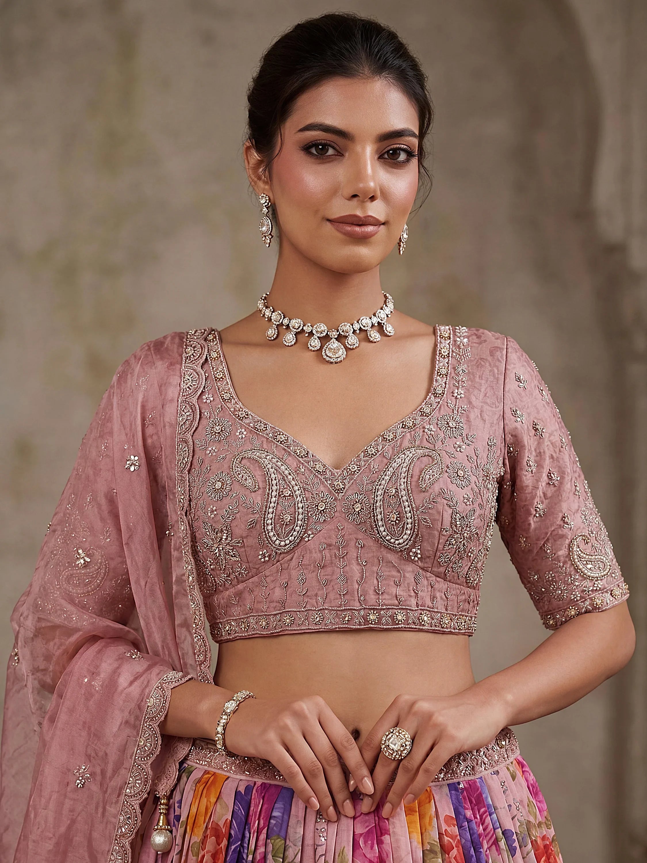Precious Pink Flower Print Tissue Sangeet Wear Lehenga Choli