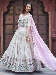 Beautiful Off-White Sequins Silk Lehenga Choli With Pink Dupatta 