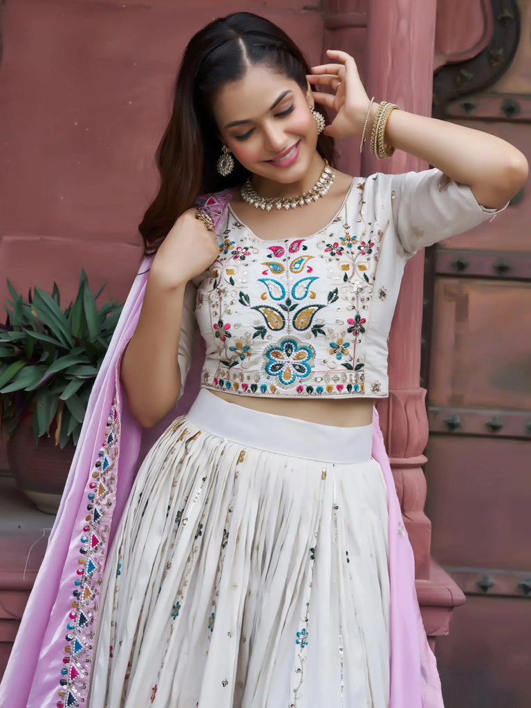 Beautiful Off-White Sequins Silk Lehenga Choli With Pink Dupatta 