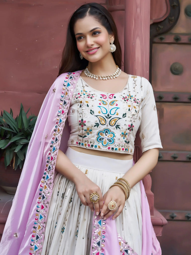 Beautiful Off-White Sequins Silk Lehenga Choli With Pink Dupatta 