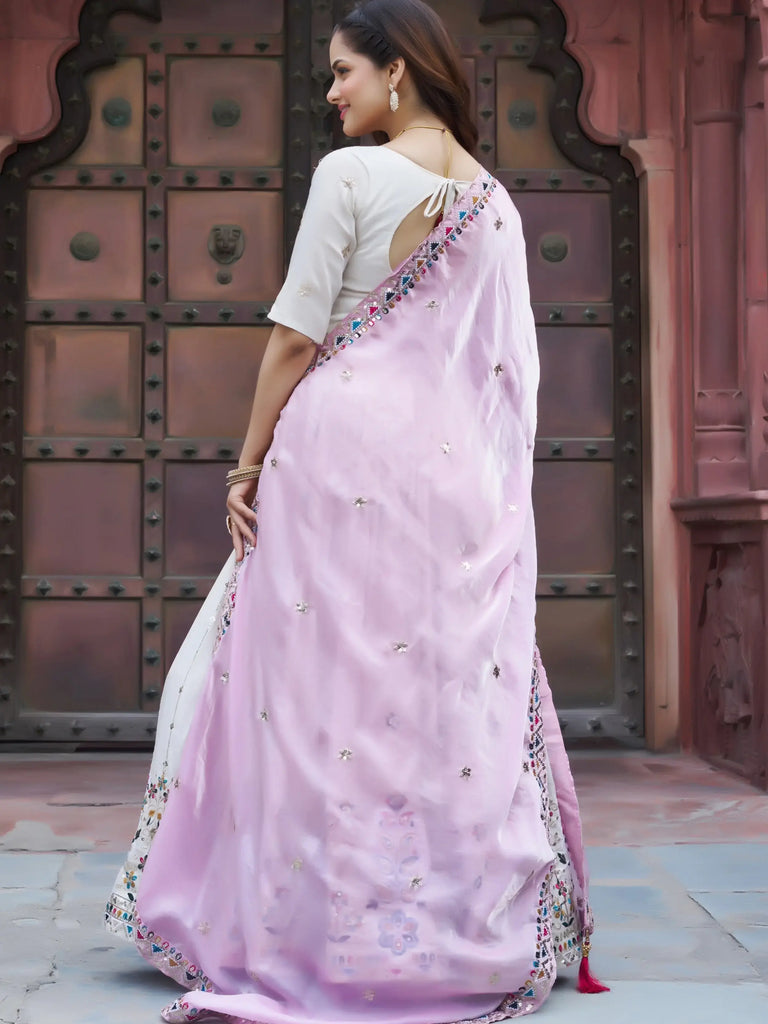 Beautiful Off-White Sequins Silk Lehenga Choli With Pink Dupatta 