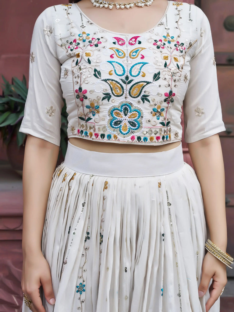 Beautiful Off-White Sequins Silk Lehenga Choli With Pink Dupatta 