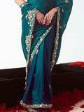 Mesmerizing Rama Blue Floral Embroidery Organza Saree With Blouse