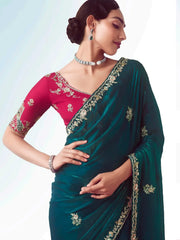 Mesmerizing Rama Blue Floral Embroidery Organza Saree With Blouse