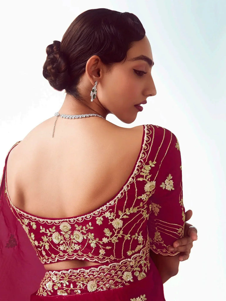 Tantalizing Maroon Organza Sequins Bridal Saree With Blouse