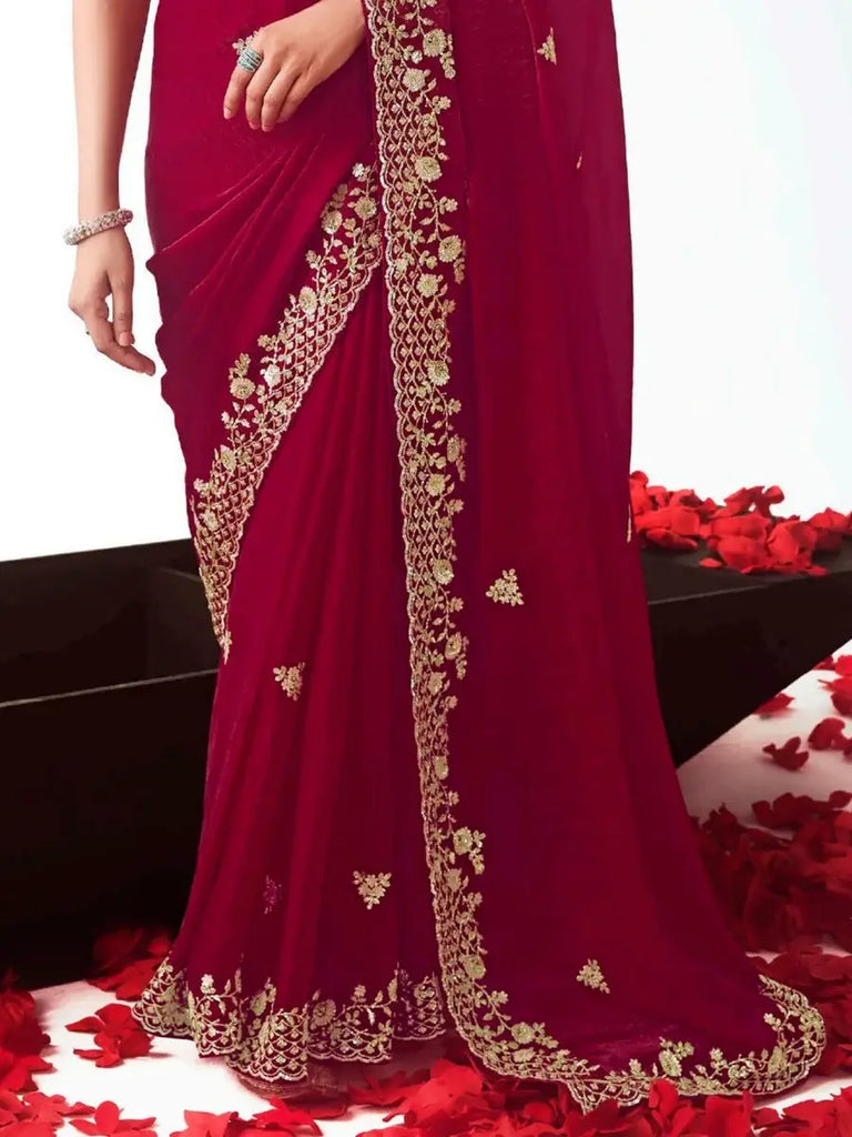 Tantalizing Maroon Organza Sequins Bridal Saree With Blouse