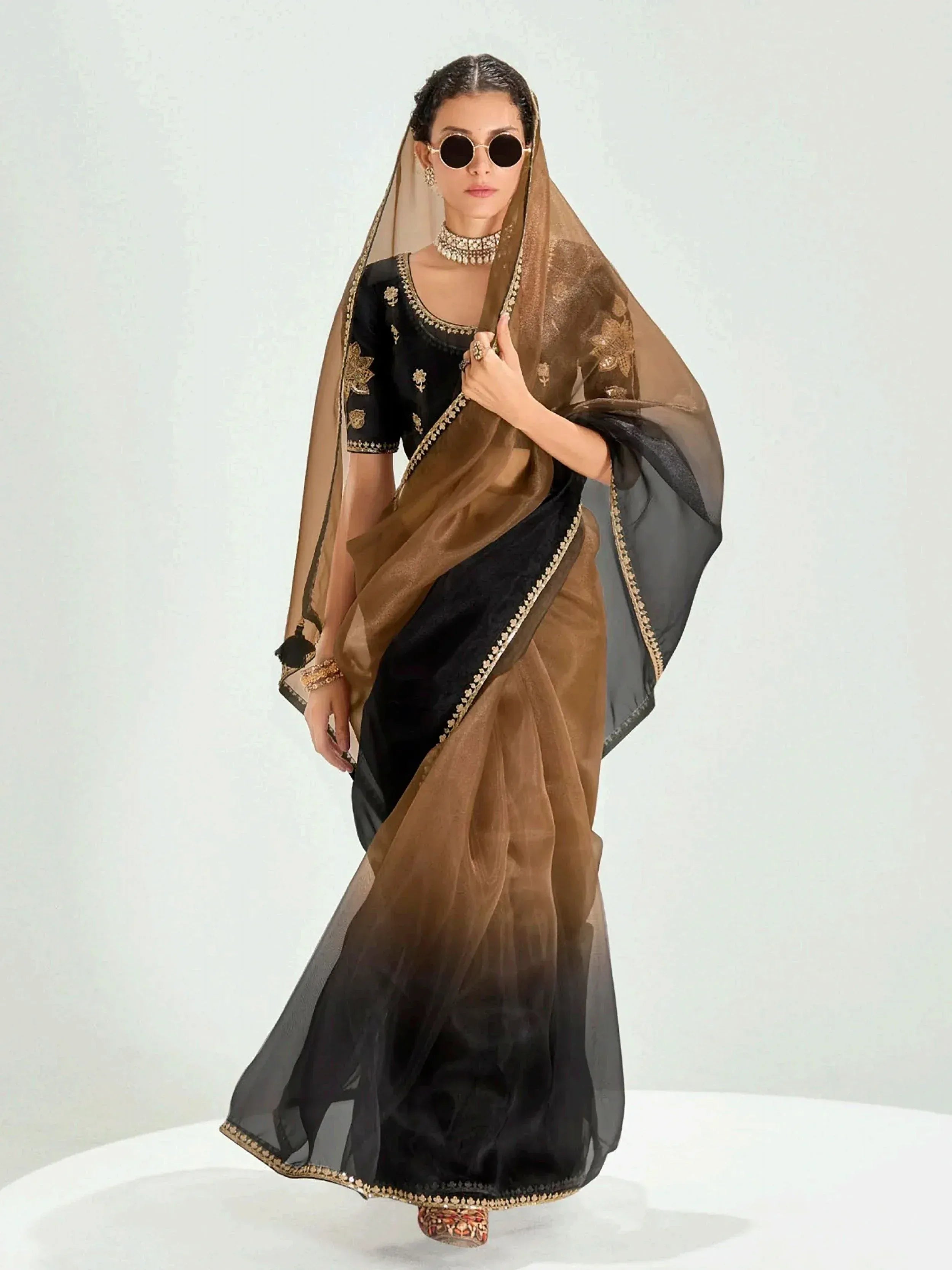 Black and gold embroidered saree with matching blouse and dupatta, Indian ethnic wear