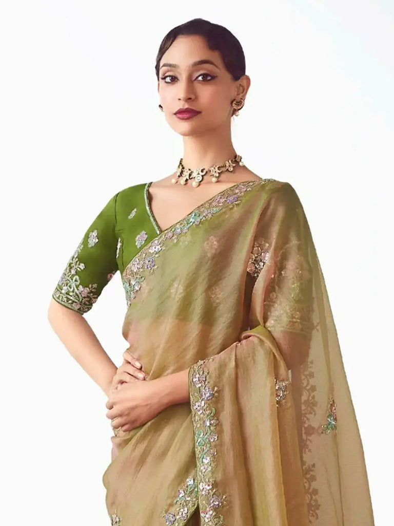Chic Yellow Organza Sequins Work Haldi Wear Saree With Blouse