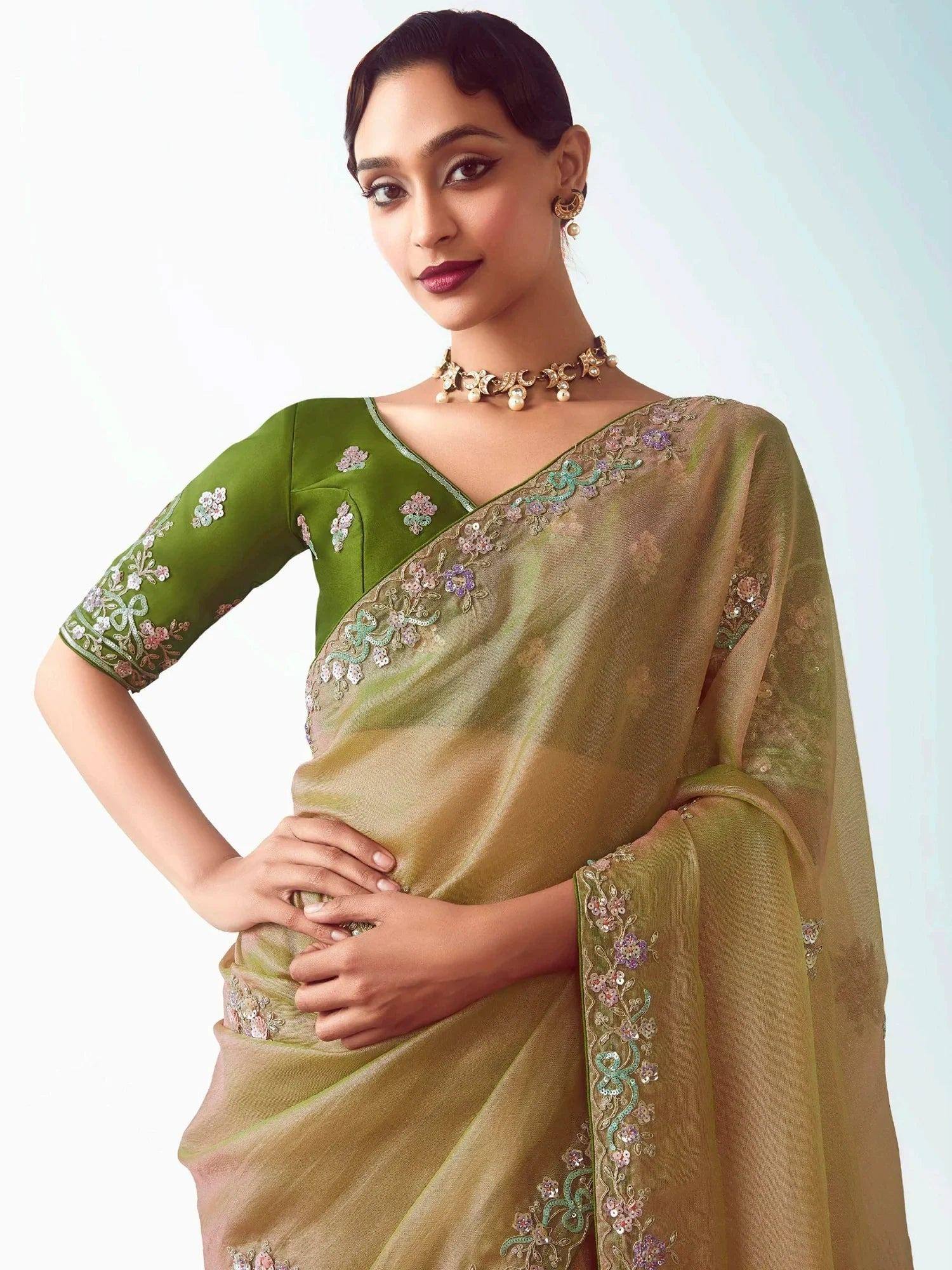 Chic Yellow Organza Sequins Work Haldi Wear Saree With Blouse