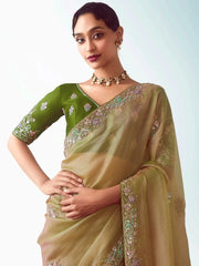 Chic Yellow Organza Sequins Work Haldi Wear Saree With Blouse