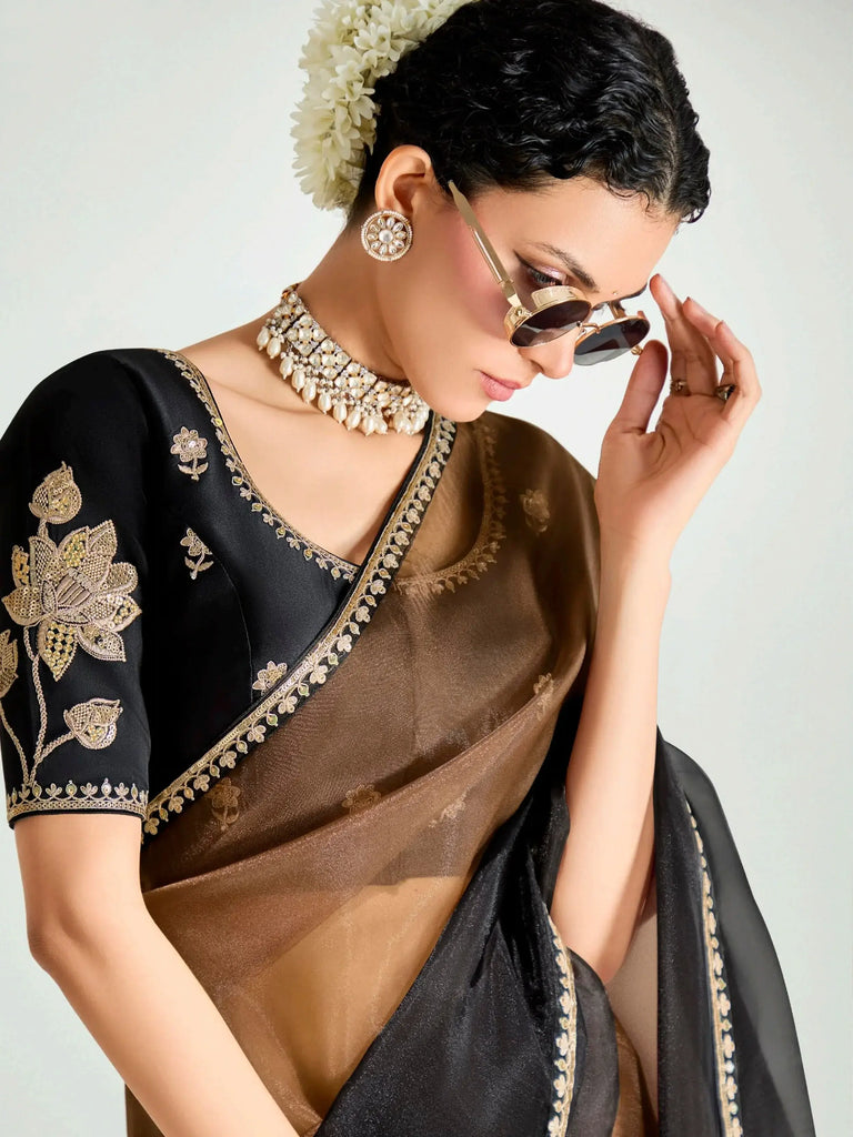 Adorable Brown Border Work Organza Saree With Blouse