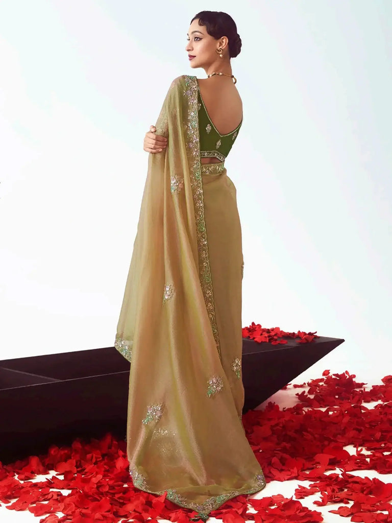Chic Yellow Organza Sequins Work Haldi Wear Saree With Blouse