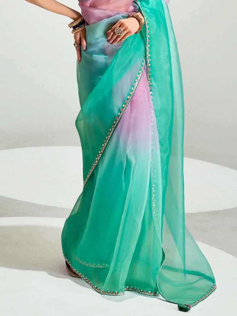 Classy Teal Border Work Organza Traditional Saree With Blouse
