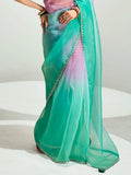 Classy Teal Border Work Organza Traditional Saree With Blouse