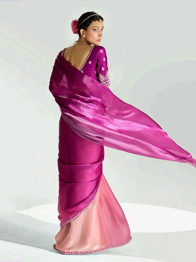 Chic Dark Pink Border Work Organza Saree With Blouse
