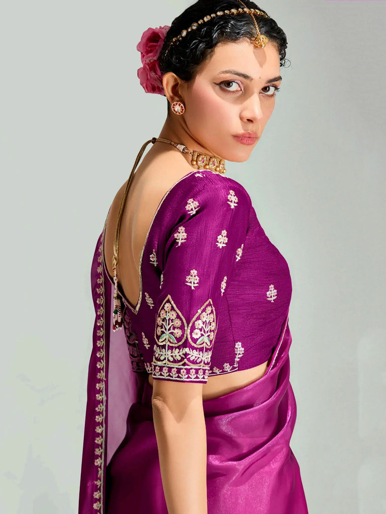Chic Dark Pink Border Work Organza Saree With Blouse