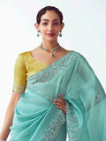 Alluring Sea Green Organza Border Work Festival Wear Saree