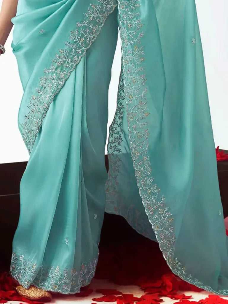 Alluring Sea Green Organza Border Work Festival Wear Saree